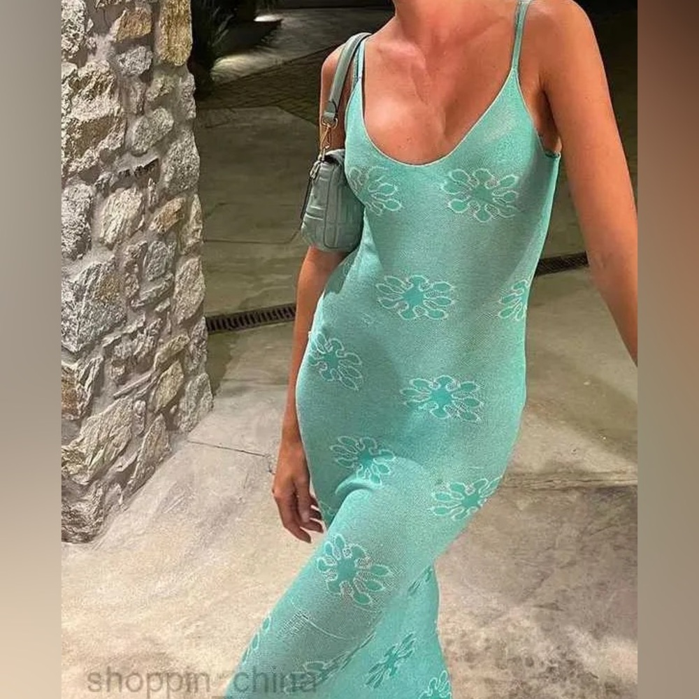Asta Resort Aquamarine Blue Delilah Floral Knit Maxi Dress XL